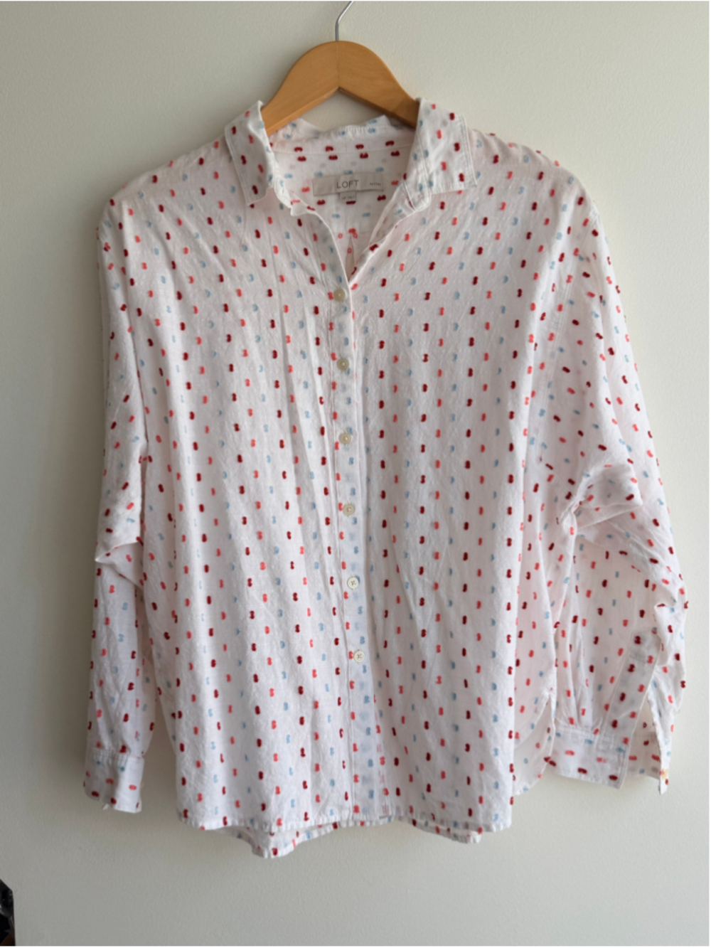 LOFT Petite Cotton Swiss Dot Button Down Shirt White Multi MP